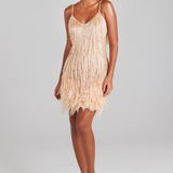 Lottie Champagne Gold Beaded Feather Fringe Mini Dress