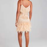 Lottie Champagne Gold Beaded Feather Fringe Mini Dress