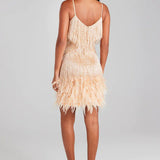 Lottie Champagne Gold Beaded Feather Fringe Mini Dress