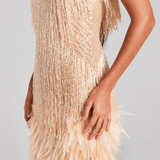 Lottie Champagne Gold Beaded Feather Fringe Mini Dress