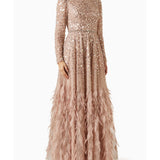 Disc Embellished Sequin Gown with Feather Detail