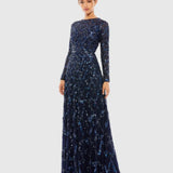 Navy Embellished Illusion High Neck Long Sleeve A Line Gown