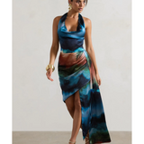 Bali Blur Print Satin Cowl-Neck Draped Midi Dress