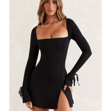 Baize Square Neck Long Sleeve Mini Dress
