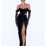 Quintessa Black Lace Velvet Corset Off Shoulder Gown