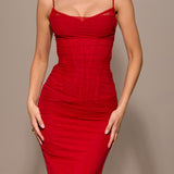 Nalini Holly Red Mesh Corset Maxi Dress