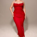 Nalini Holly Red Mesh Corset Maxi Dress