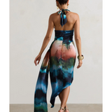 Bali Blur Print Satin Cowl-Neck Draped Midi Dress