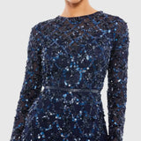 Navy Embellished Illusion High Neck Long Sleeve A Line Gown