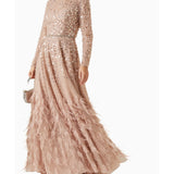 Disc Embellished Sequin Gown with Feather Detail