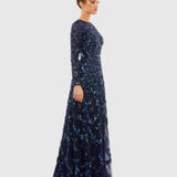 Navy Embellished Illusion High Neck Long Sleeve A Line Gown
