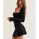 Baize Square Neck Long Sleeve Mini Dress