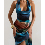 Bali Blur Print Satin Cowl-Neck Draped Midi Dress