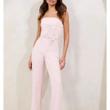 Nude Embellished Floral Trim Bandeau Jumpsuit