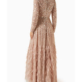 Disc Embellished Sequin Gown with Feather Detail