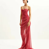 Mia Strapless Sheer Glitter Gown - Scarlet