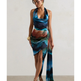 Bali Blur Print Satin Cowl-Neck Draped Midi Dress