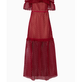 Red Off-The-Shoulder Frill Cutwork Dress