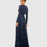Navy Embellished Illusion High Neck Long Sleeve A Line Gown