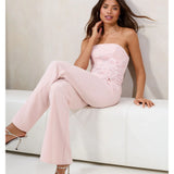 Nude Embellished Floral Trim Bandeau Jumpsuit