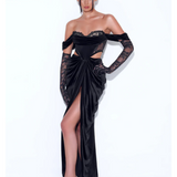 Quintessa Black Lace Velvet Corset Off Shoulder Gown