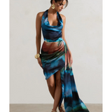 Bali Blur Print Satin Cowl-Neck Draped Midi Dress