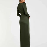Long Sleeve Satin Structured Bow Draped Column Gown