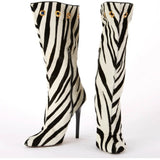 Zebra Pony Hair Stiletto Boots (Blue Snakeskin Cuff)