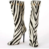 Zebra Pony Hair Stiletto Boots (Blue Snakeskin Cuff)