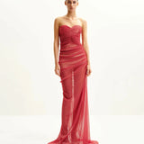 Mia Strapless Sheer Glitter Gown - Scarlet
