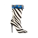 Zebra Pony Hair Stiletto Boots (Blue Snakeskin Cuff)