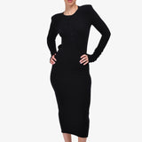 Black Wool Low Back Belted Midi Dress