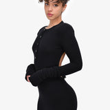 Black Wool Low Back Belted Midi Dress