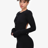 Black Wool Low Back Belted Midi Dress