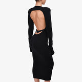 Black Wool Low Back Belted Midi Dress