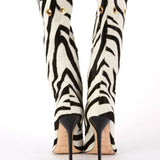 Zebra Pony Hair Stiletto Boots (Blue Snakeskin Cuff)
