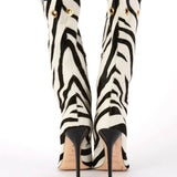 Zebra Pony Hair Stiletto Boots (Blue Snakeskin Cuff)