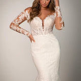Lace Fit-and-Flare Wedding Dress with Illusion Neckline and Long Sleeves