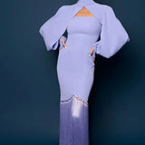 Nour Abdul Lilac Cape Sleeve Fringe Gown