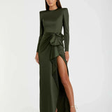 Long Sleeve Satin Structured Bow Draped Column Gown