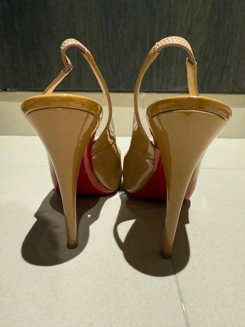 Beige Patent Leather Lady Peep Slingback Pumps - Endless - UAE Rental and Resale for Women's Fashion