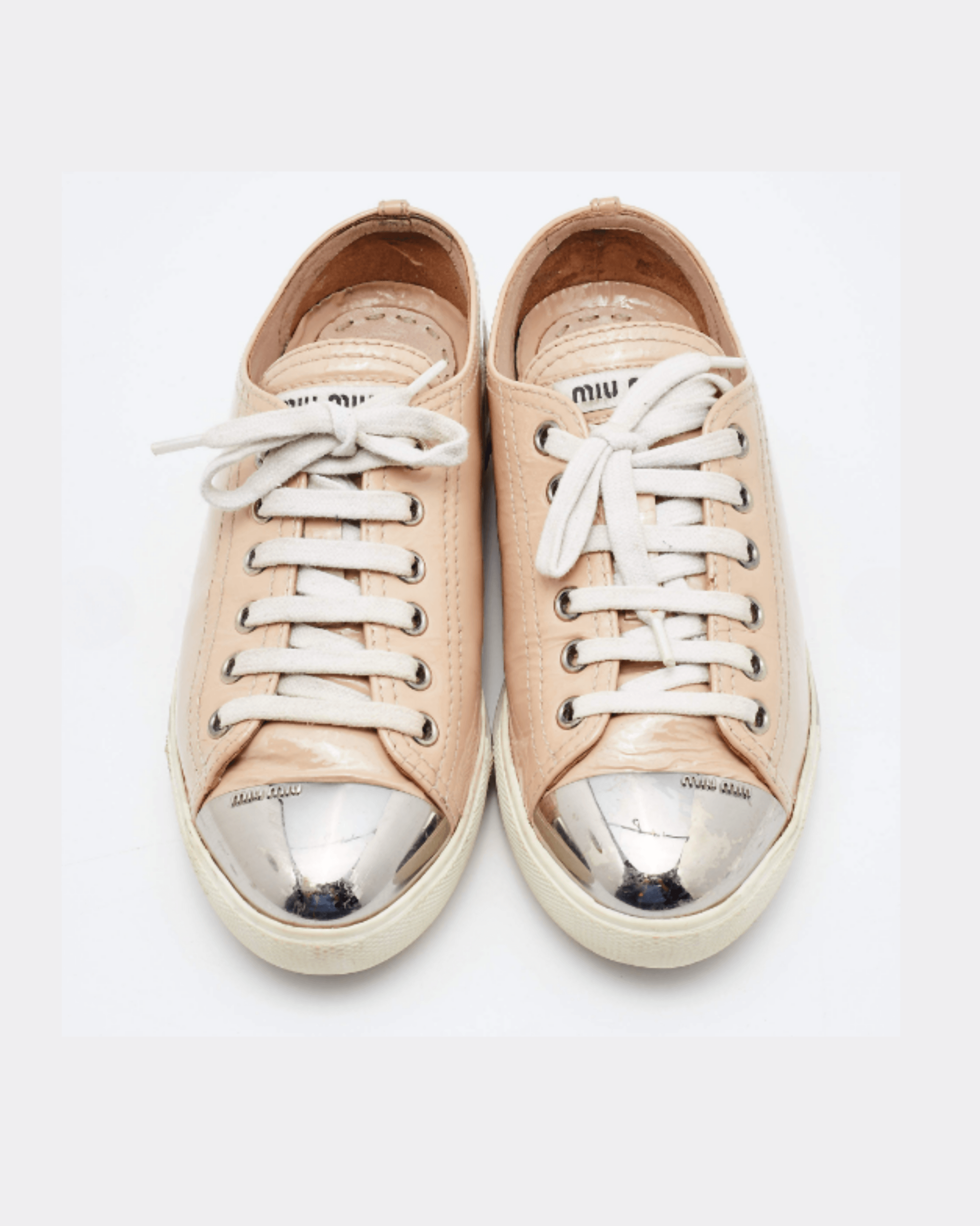 Beige Patent Leather Metal Cap Toe Low Top Sneakers - Endless - UAE Rental and Resale for Women's Fashion