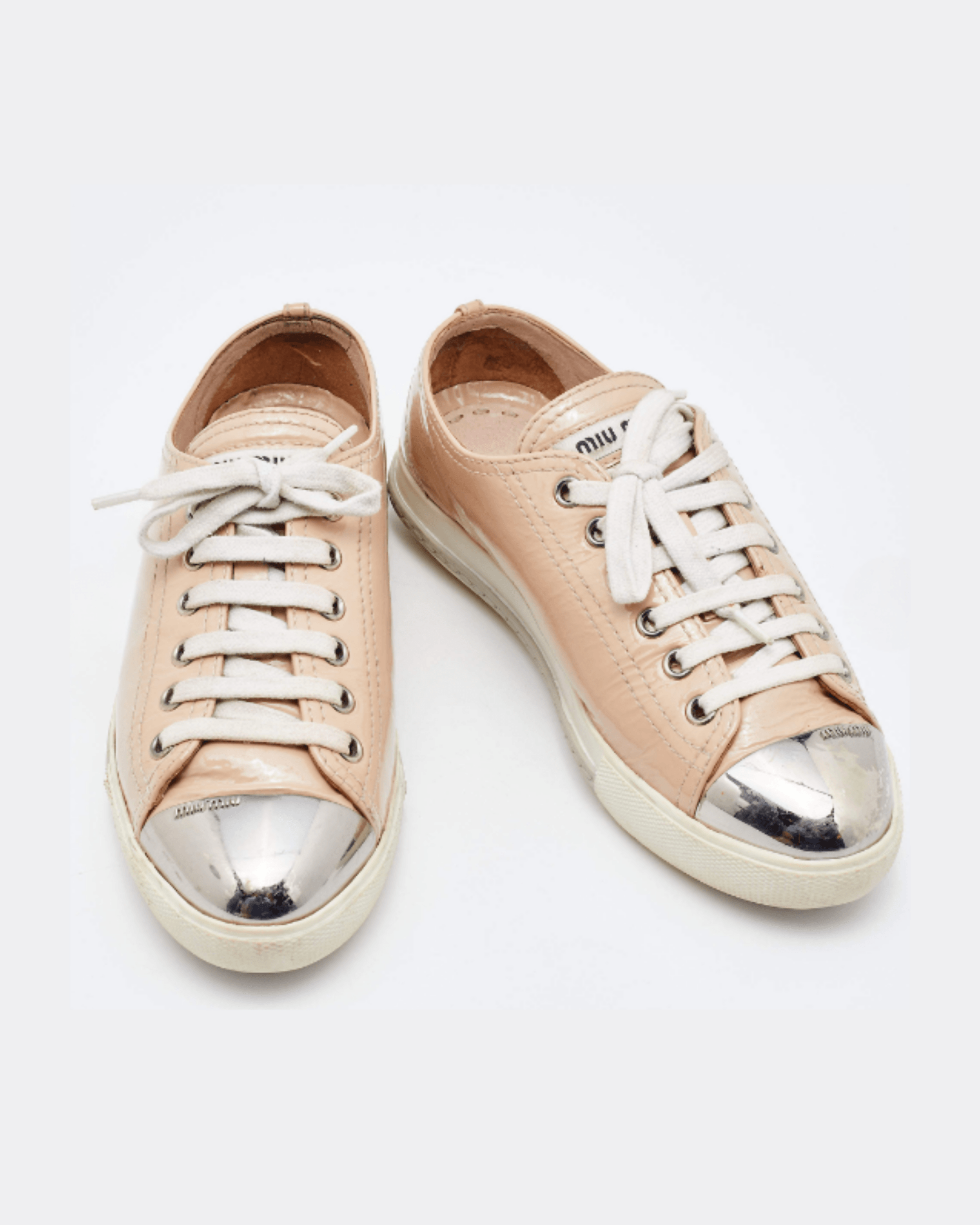 Beige Patent Leather Metal Cap Toe Low Top Sneakers - Endless - UAE Rental and Resale for Women's Fashion