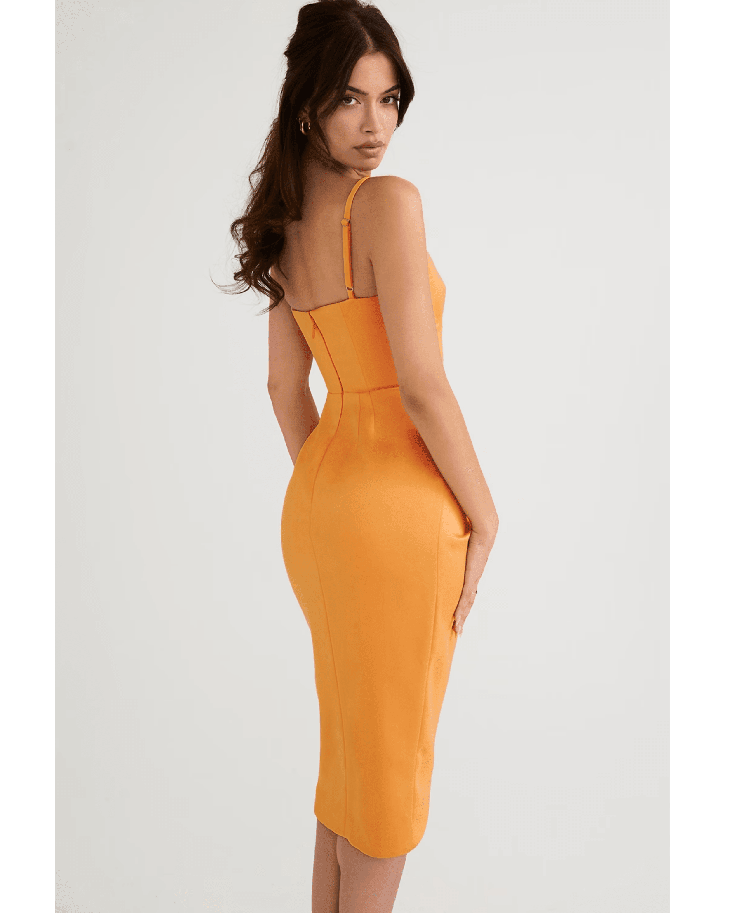 Bianca Tangerine Satin Pleated Corset Midi Dress - Endless - UAE Rental and Resale for Women's Fashion