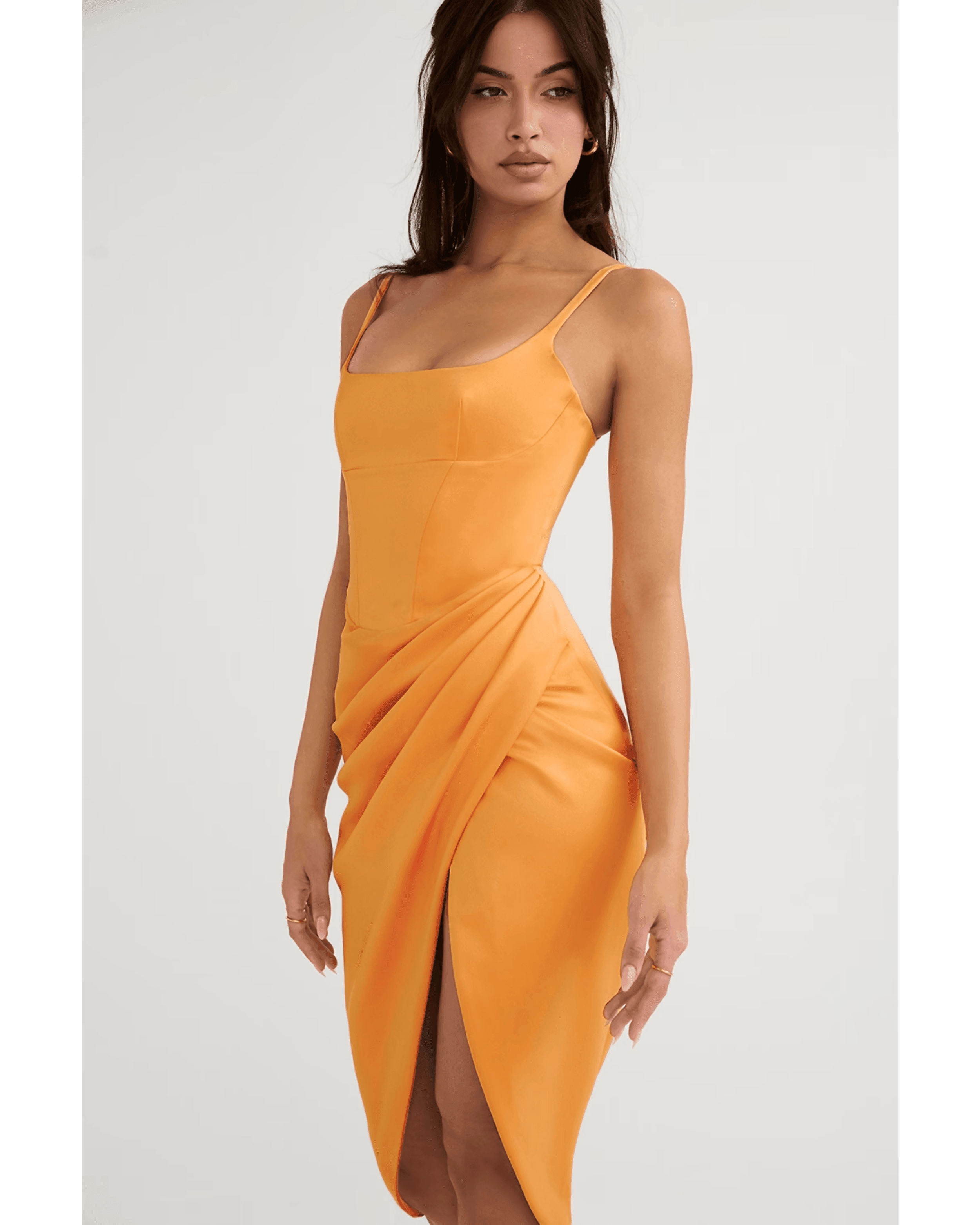 Bianca Tangerine Satin Pleated Corset Midi Dress - Endless - UAE Rental and Resale for Women's Fashion