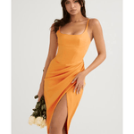 Bianca Tangerine Satin Pleated Corset Midi Dress - Endless - UAE Rental and Resale for Women's Fashion