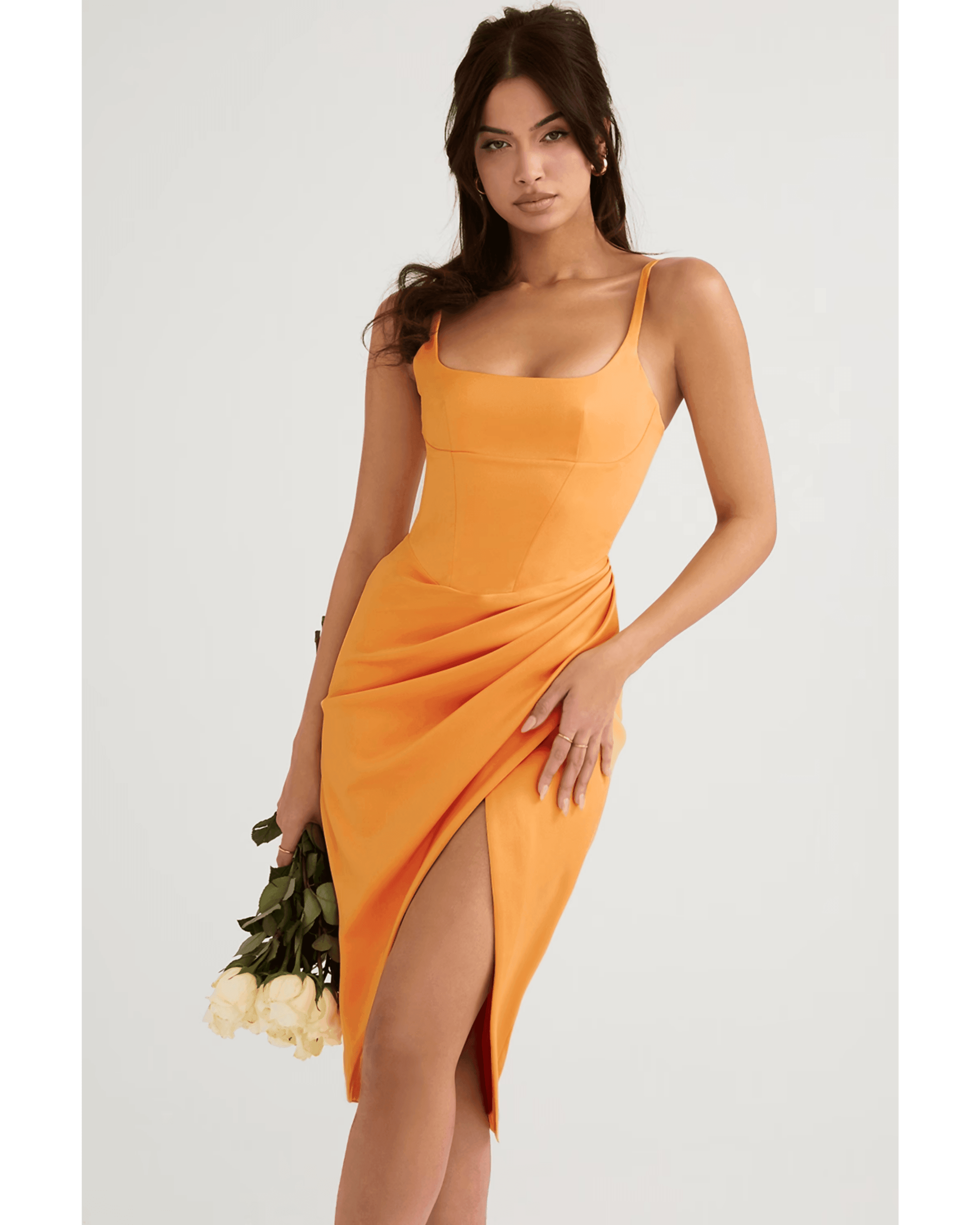 Bianca Tangerine Satin Pleated Corset Midi Dress - Endless - UAE Rental and Resale for Women's Fashion