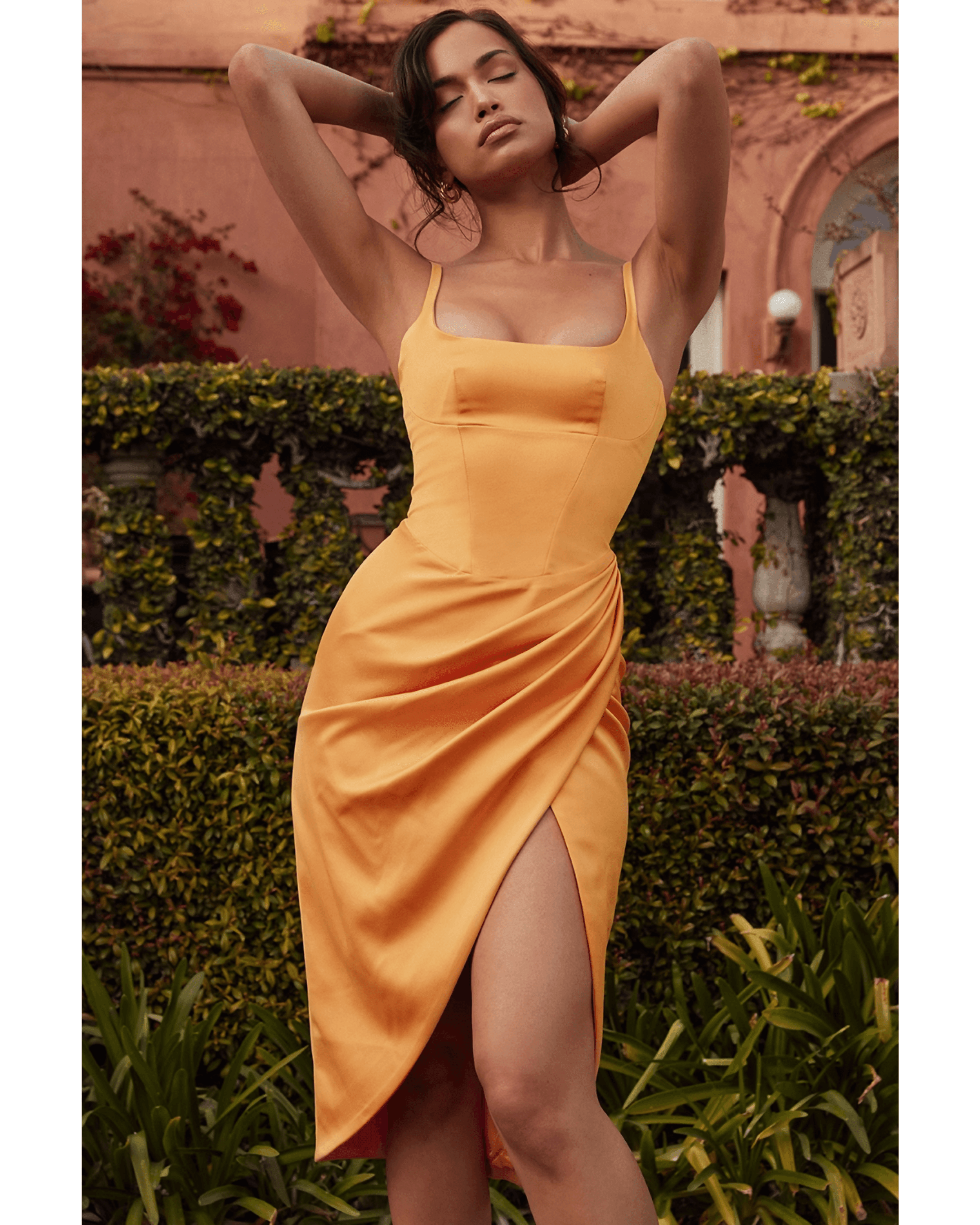 Bianca Tangerine Satin Pleated Corset Midi Dress - Endless - UAE Rental and Resale for Women's Fashion