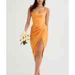 Bianca Tangerine Satin Pleated Corset Midi Dress - Endless - UAE Rental and Resale for Women's Fashion