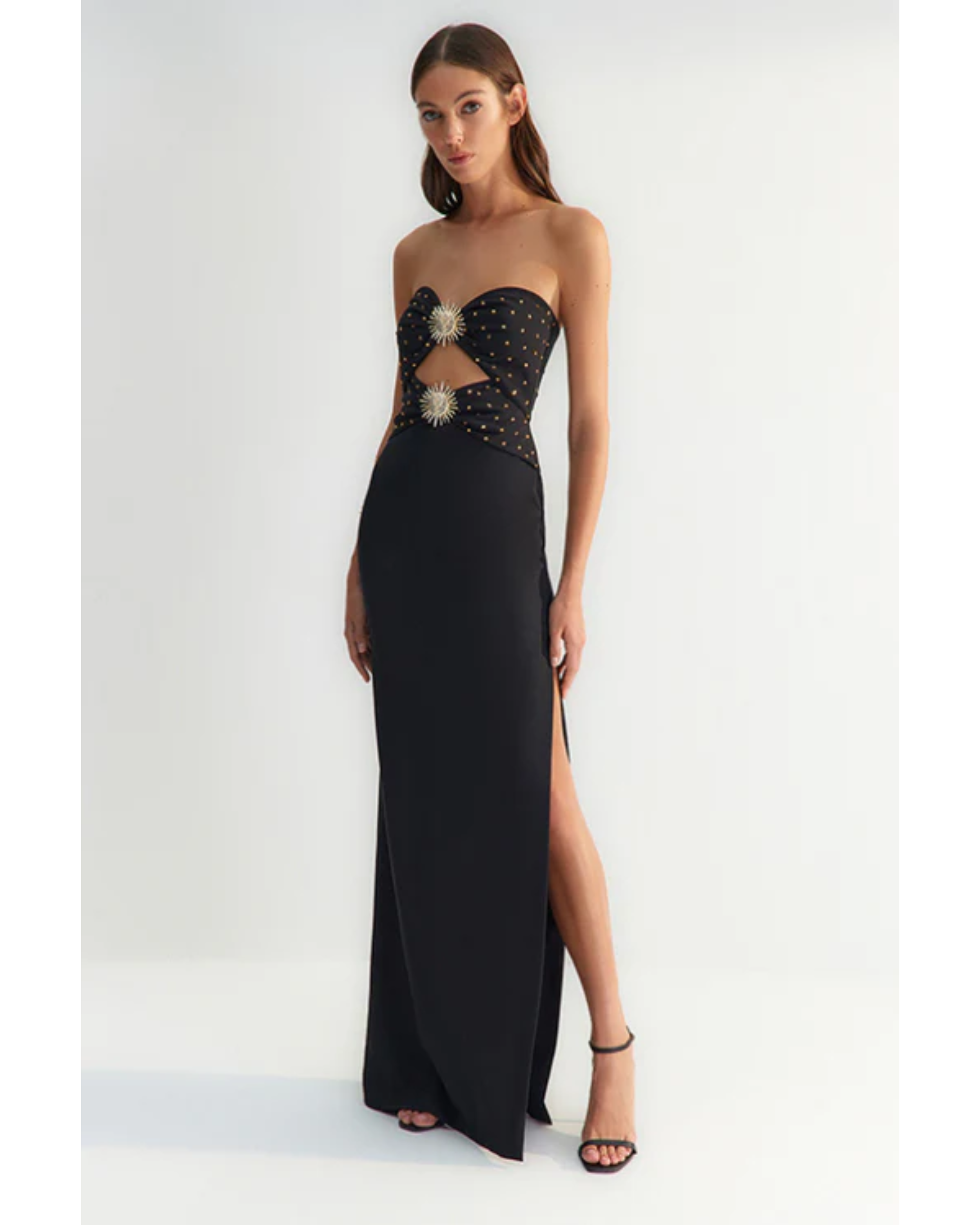 Black Body-Fitting Sun Accessory Detailed Shiny Jewelled Strapless Gown - Endless - UAE Rental and Resale for Women's Fashion